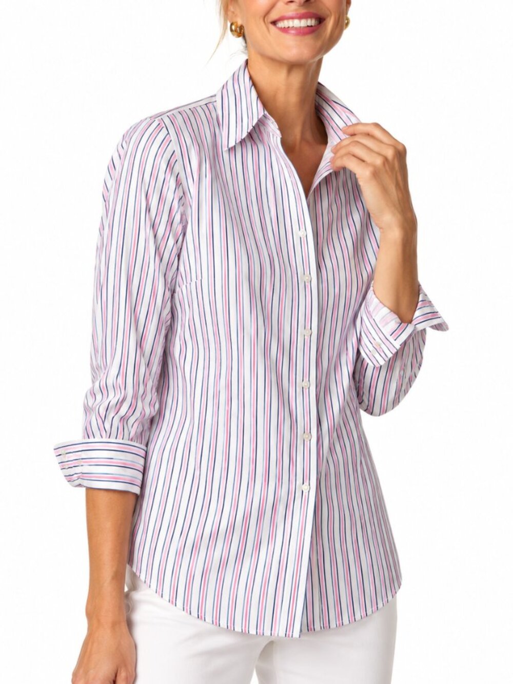 Talbots Non-Iron Perfect Shirt Avenue Stripe Pink Navy White Petite Size 4P
